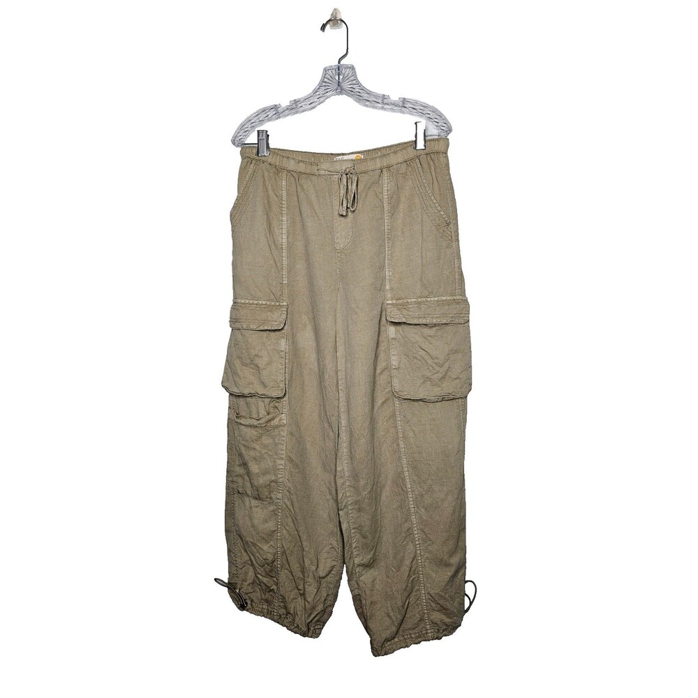 C&C California Linen Blend Cargo Pants M Green Elastic Waist Drawstring Beachy